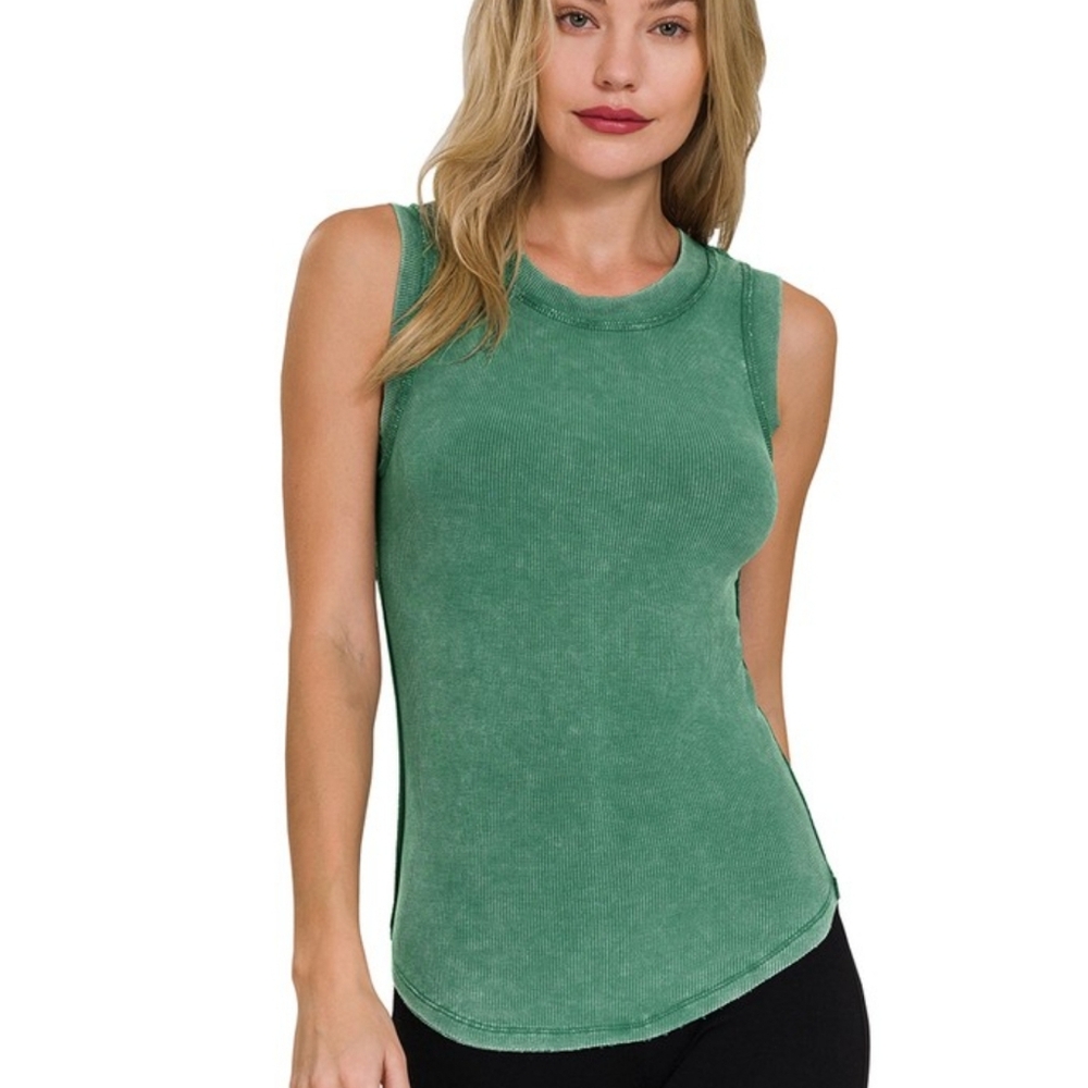 EVE * WASHED RIBBED SCOOP NECK TANK TOP in Dark Green